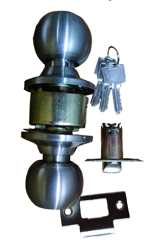 Star Wheel Door Knob set with brushed metal finish including keys and latch components