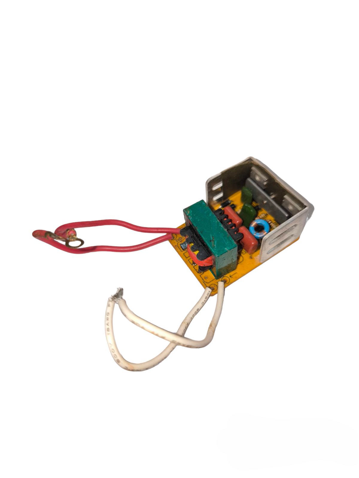 Step Down Transformer 220V to 12V electrical component with red and white wires mounted on circuit board