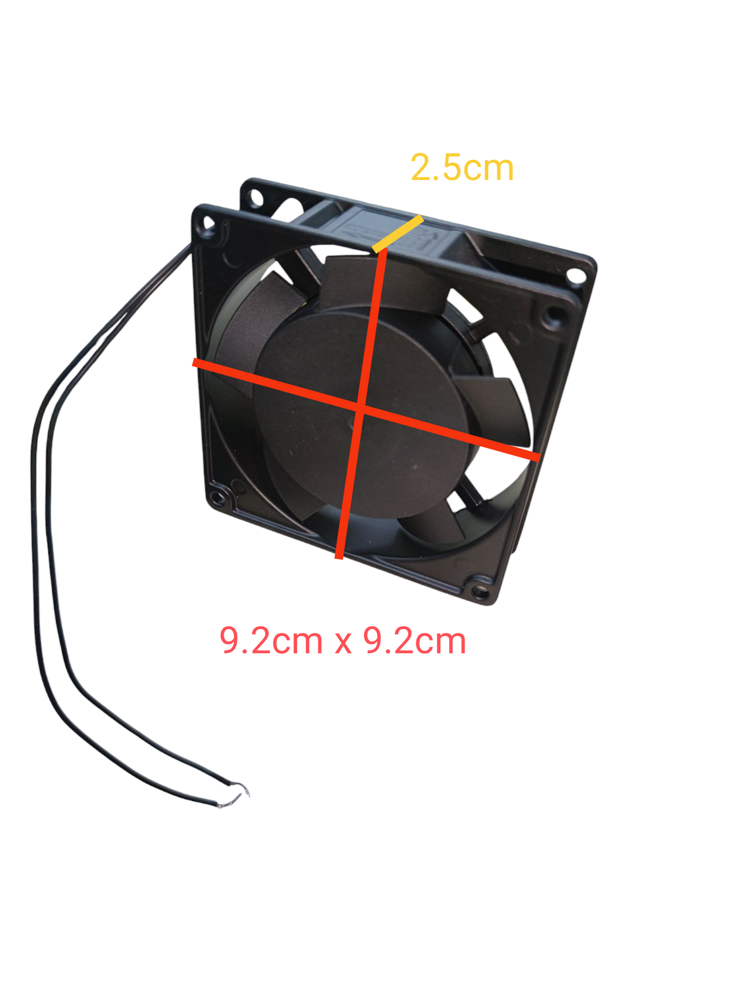 China made 3x3 inch exhaust fan 220V black measuring 9.2 cm by 9.2 cm with attached wires
