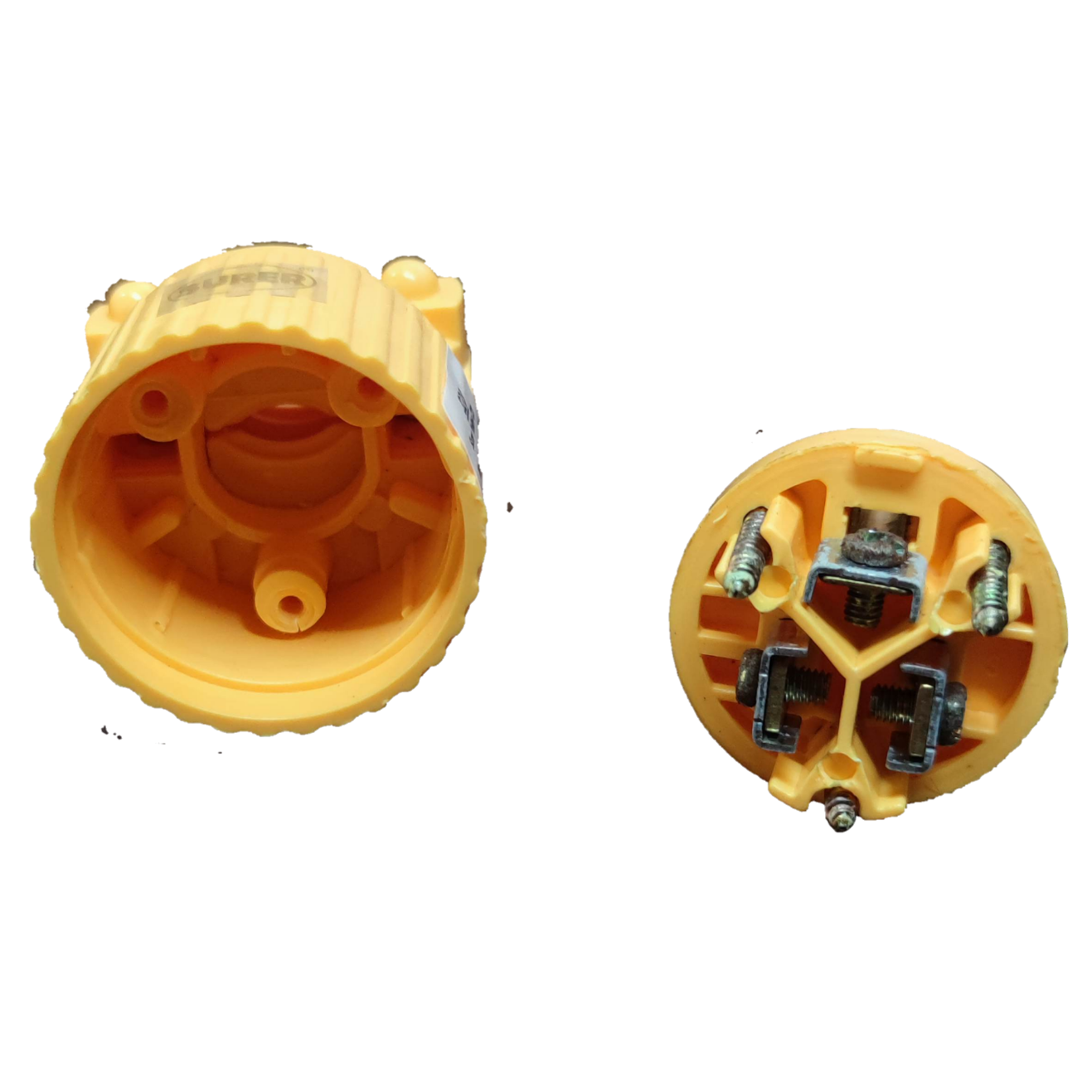Surer Flat Pin with Ground Plug 15A 125V yellow electrical plug parts showing front and back