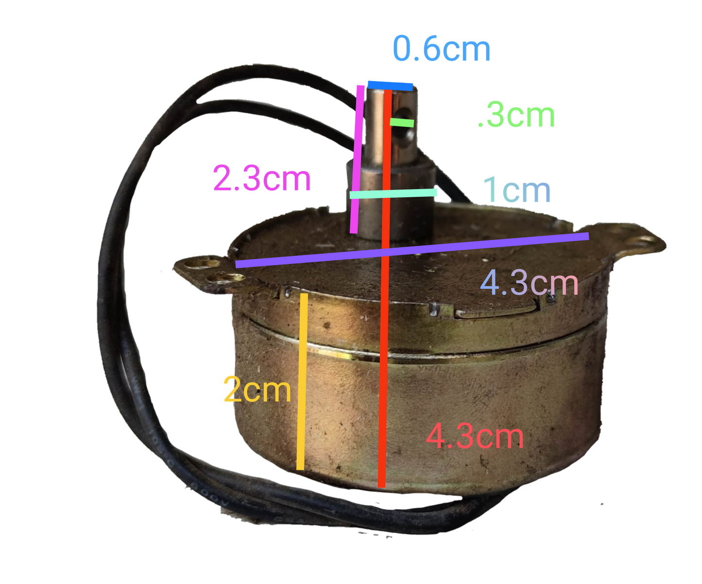 Taiwan made Synchronous Motor 220V with wiring and detailed size measurements on black background