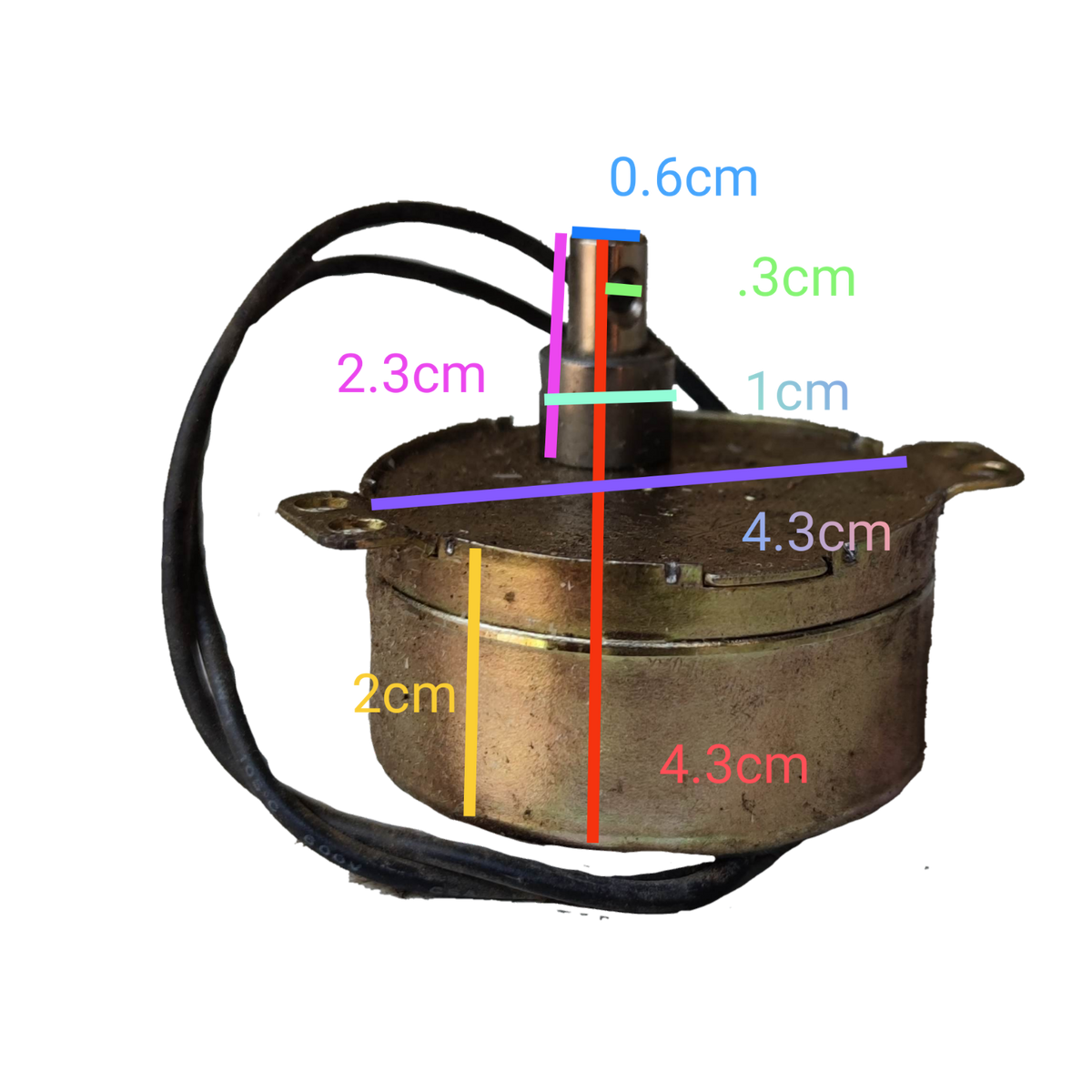 Taiwan made Synchronous Motor 220V with wiring and detailed size measurements on black background