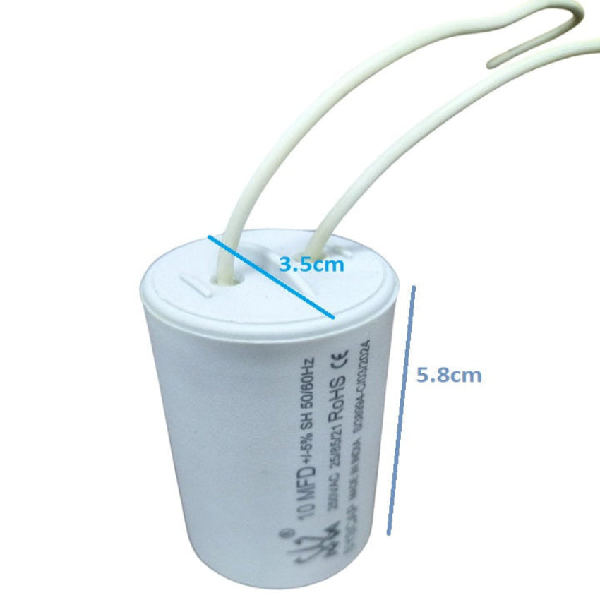 CBB 10MFD motor running capacitor with wiring, measuring 3.5cm wide and 5.8cm tall