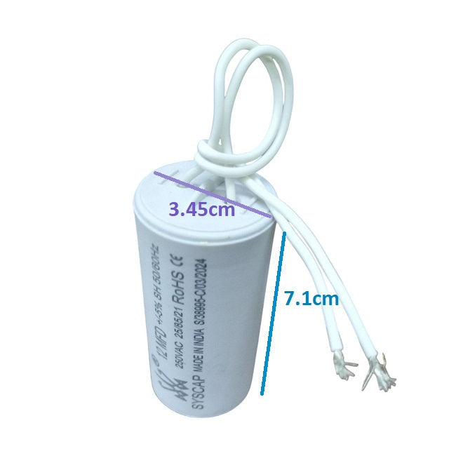 Syscap 12MFD 250 VAC Running Capacitor with white wires and cylindrical shape for electrical circuitry