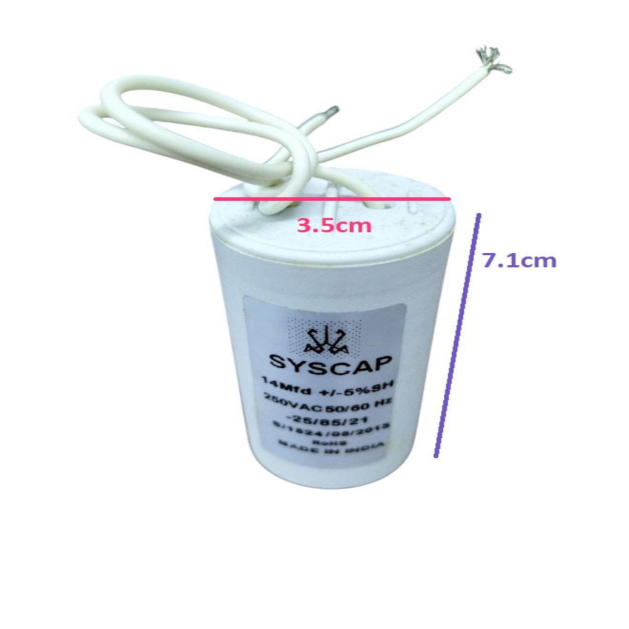 Syscap 14MFD 250 VAC Running Capacitor with 3.5cm diameter and 7.1cm height