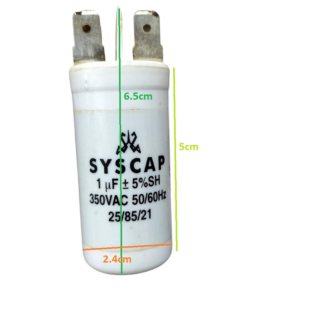 Syscap 1UF 350V AC Running Capacitor white cylindrical electrical component with metal terminals