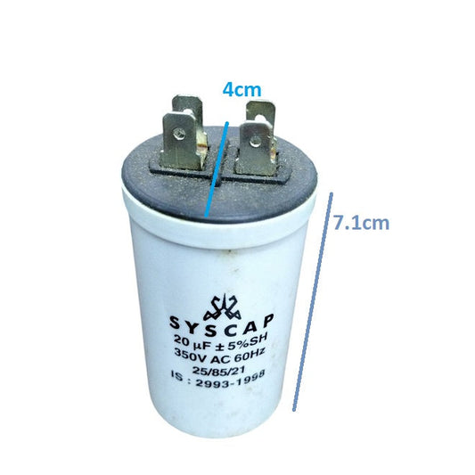 Syscap 20MFD 350 VAC Running Capacitor with metal terminals and white cylindrical body
