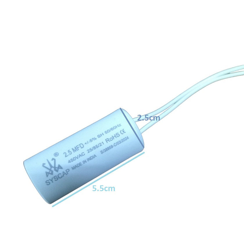 Syscap 2MFD 450V AC Running Capacitor with clear labeling and connection wires for electrical circuits