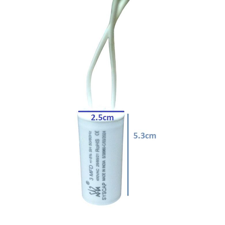 Syscap 3MFD 450V AC Running Capacitor with white cylindrical body and attached wires