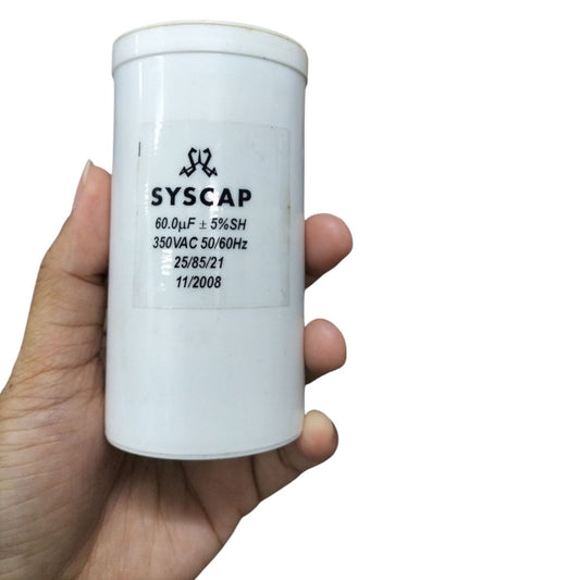 Syscap 60MFD 350V AC Running Capacitor white cylindrical electrical component held in hand