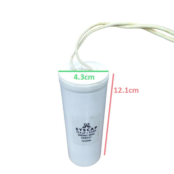 Syscap 70MFD 350 VAC Running Capacitor with dimensions 4.3cm x 12.1cm for electrical applications