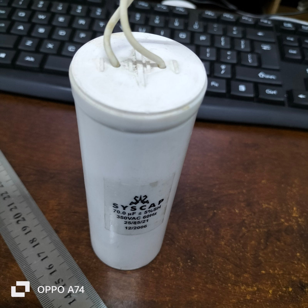 Syscap 70MFD 350 VAC Running Capacitor for electrical applications with wiring connections