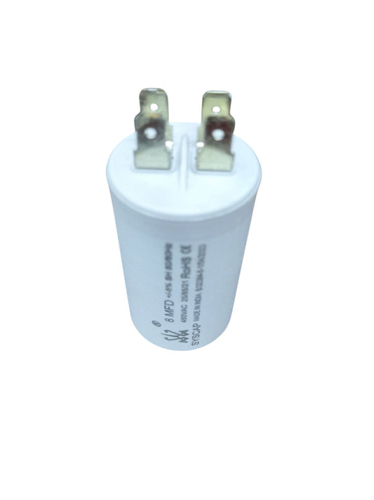 Syscap 8MFD 450 VAC Motor Capacitor white cylindrical electrical component with two metal terminals