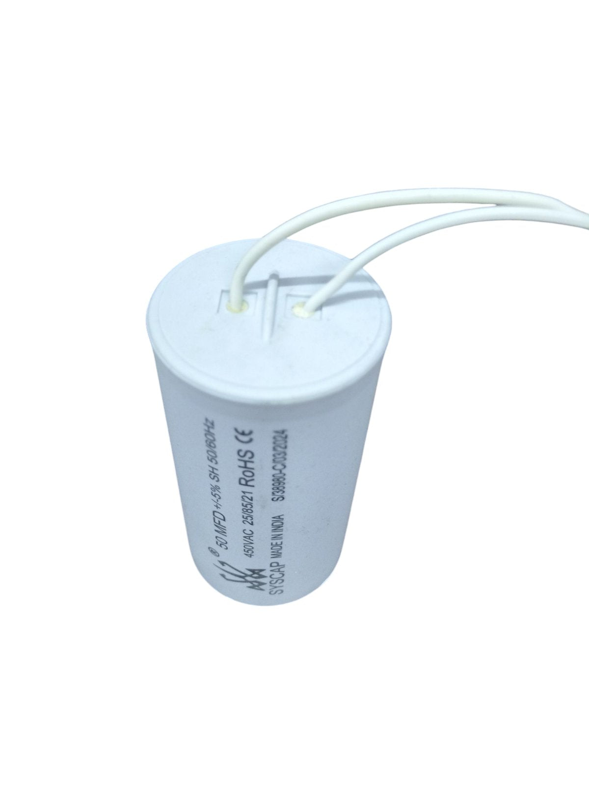 Syscap white Motor Capacitor with two attached wires for electrical circuitry and parts