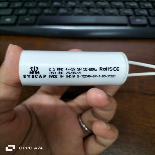 Syscap Motor Running Capacitor 2MFD with 250V rating and 2.5 MFD capacity for electrical applications