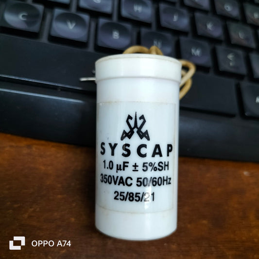 Syscap Motor Running Capacitor 350VAC, 1.0 μF with 5 percent tolerance, ideal for electrical applications.