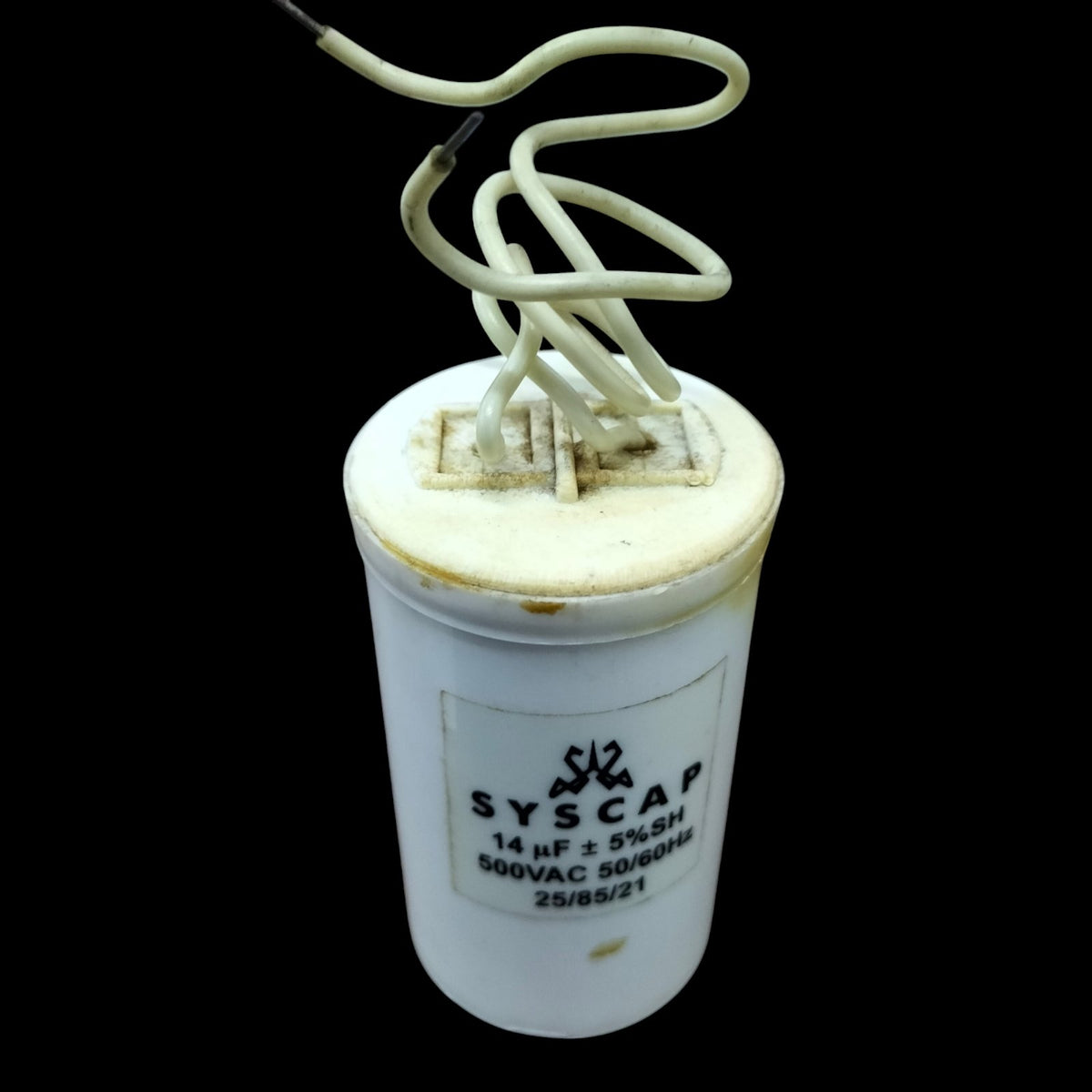 Syscap Run Capacitor 14UF 500 VAC electrical component with white casing and attached wires
