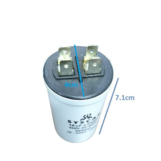 Syscap Running Capacitor 18MFD 350 VAC with brass terminals and dimensions labeled