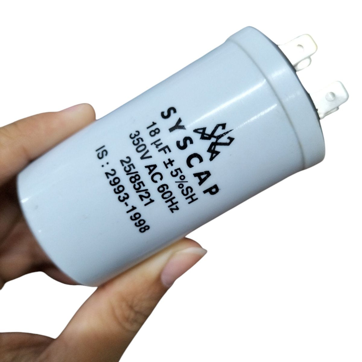 Syscap Running Capacitor 18MFD 350 VAC with dual terminals for electrical applications