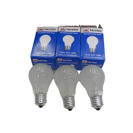 Taiyou 10W Bulb E27 220V incandescent bulbs with blue packaging and clear glass design