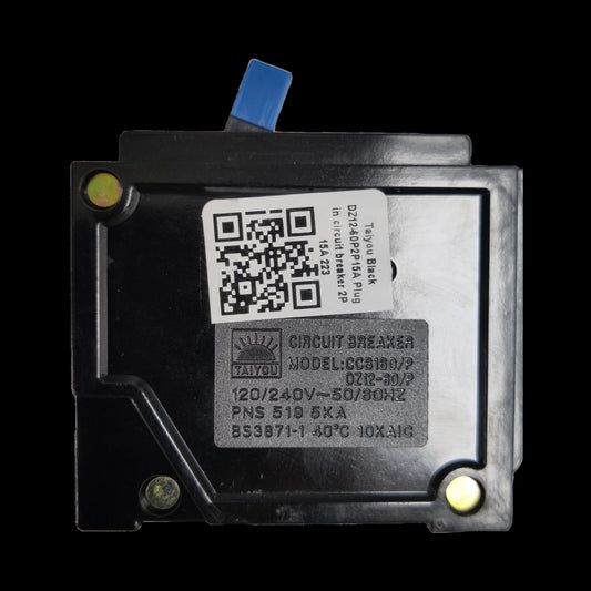 Taiyou 15A 2 Pole Circuit Breaker black electrical component with model and voltage details