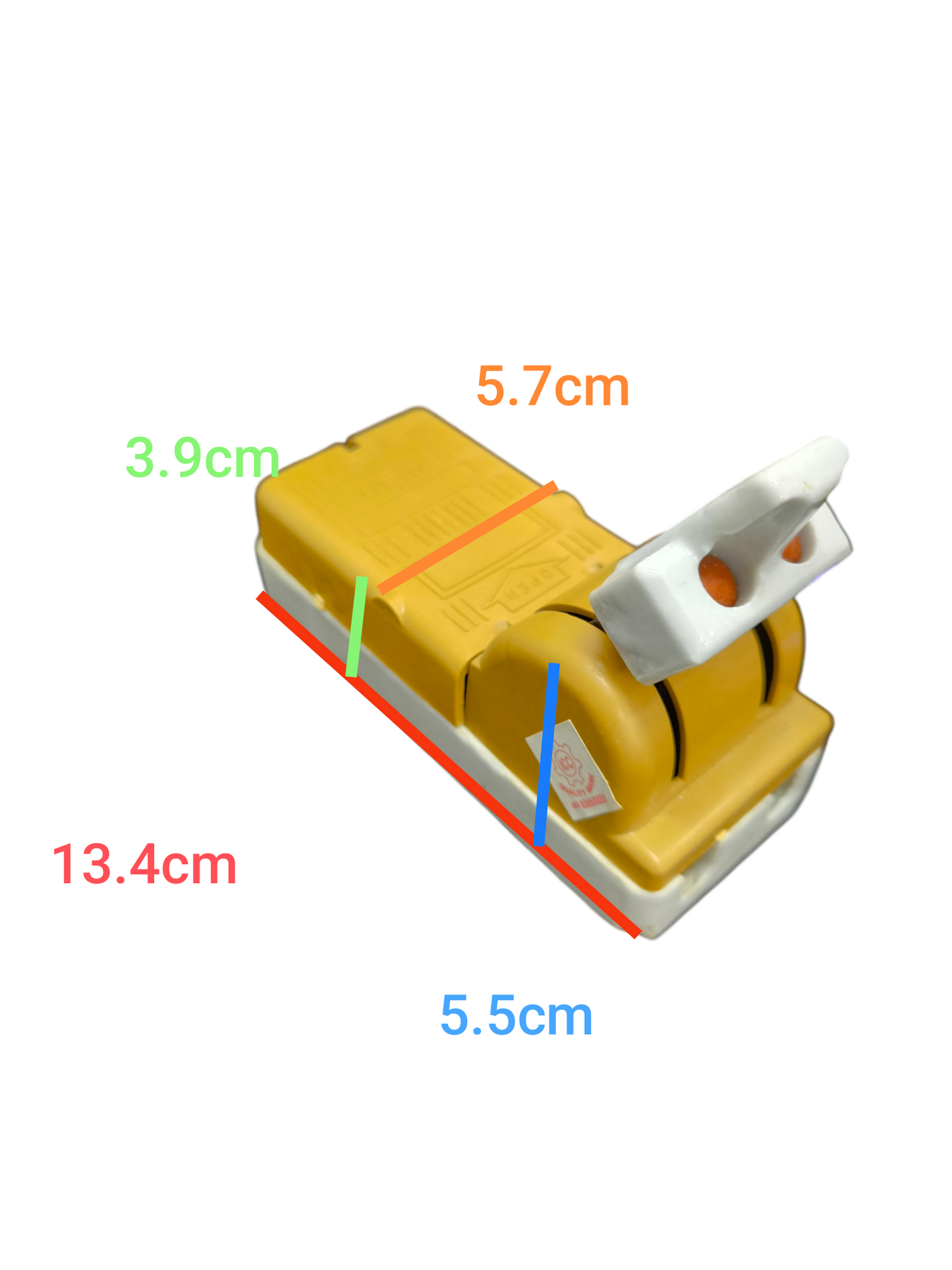 Taiyou 30A Knife Switch Single Throw Single Phase electrical component in yellow with white handle and dimension markings
