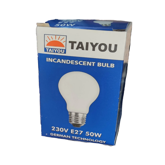 Taiyou 50W E27 incandescent lamp box featuring 230V incandescent bulb with German technology