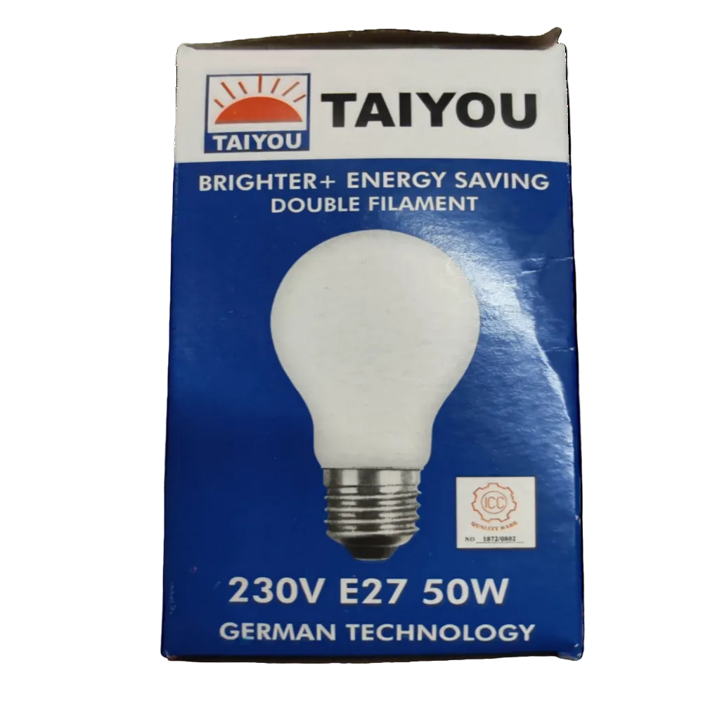Taiyou 50W E27 incandescent lamp with double filament energy-saving design in blue packaging
