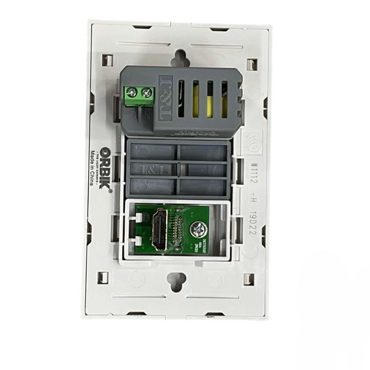 T and J HDMI wall plate with USB port back view showing HDMI connector module and wiring terminals