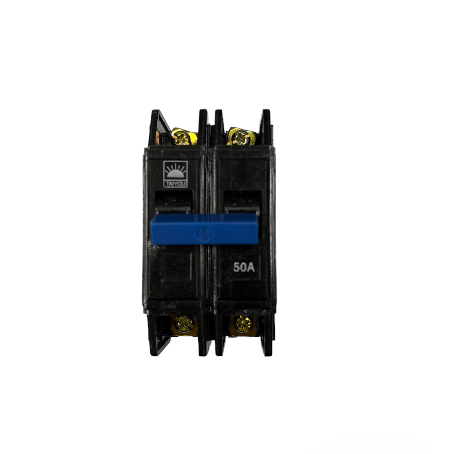 Taiyou 50A 2 Pole Circuit Breaker Bolt on 10 KAIC electrical component in black with blue switch