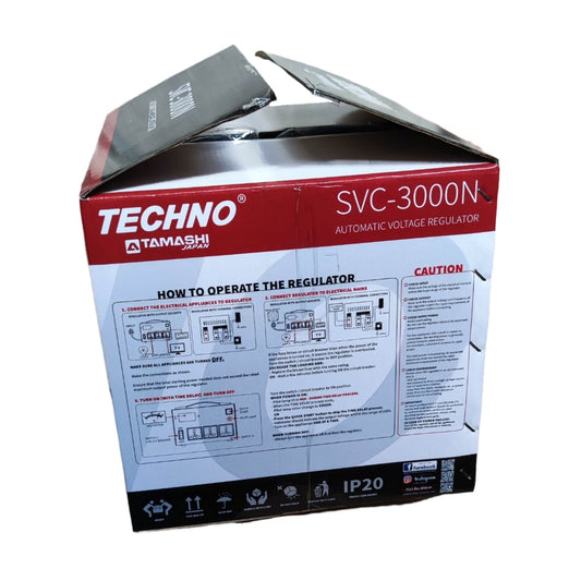 Techno SVC-3000N Automatic Voltage Regulator packaging with instructions and specifications displayed
