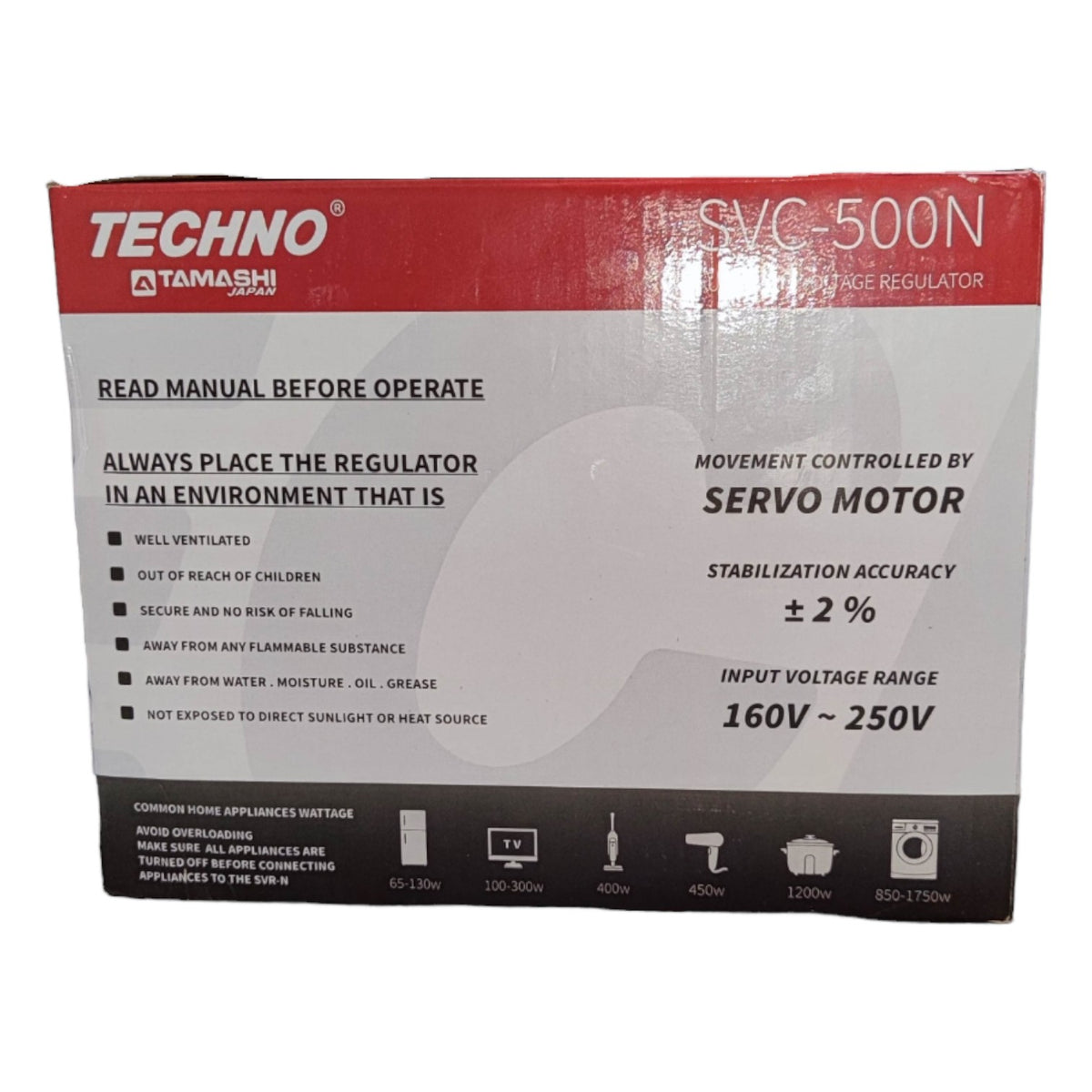 Techno Tamashi 500W AVR Servo Motor 220V Input 220V/110V Output, 500VA SVC-500N Automatic Voltage Regulator