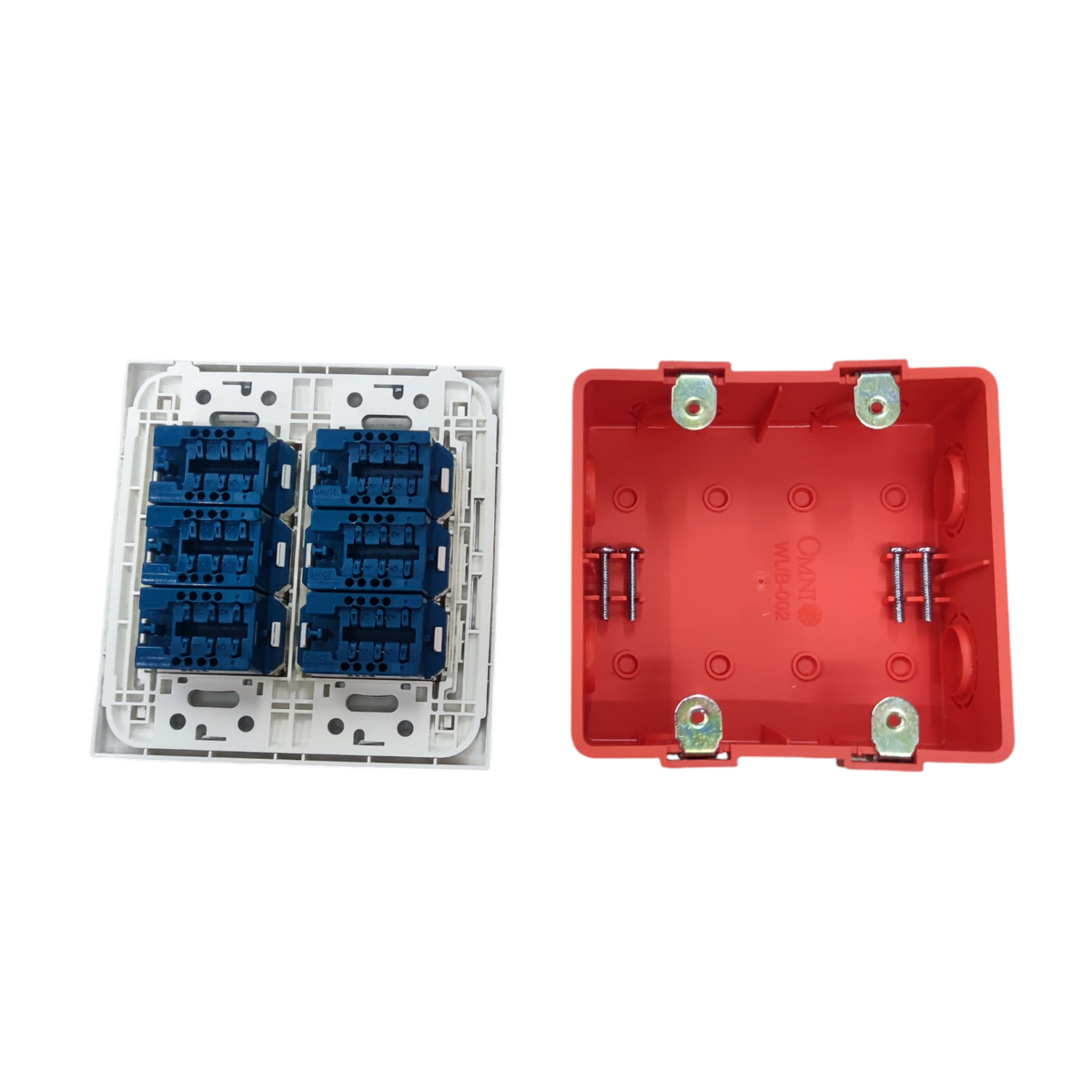Panasonic 6 Gang Telephone Outlet 4C white faceplate with blue connector modules and red mounting box