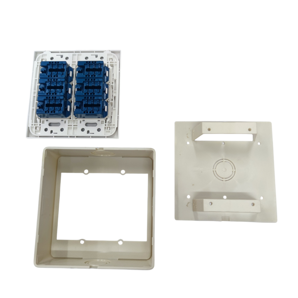 Panasonic 6 Gang Telephone Outlet 4C with six blue 4C jacks and beige flush mounting box and faceplate