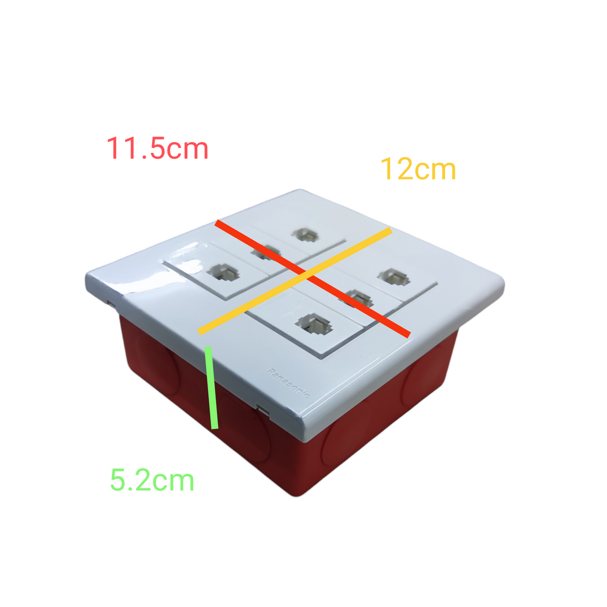 Panasonic 6 Gang Telephone Outlet 4C white faceplate with four RJ11 sockets mounted on red mounting box showing dimensions