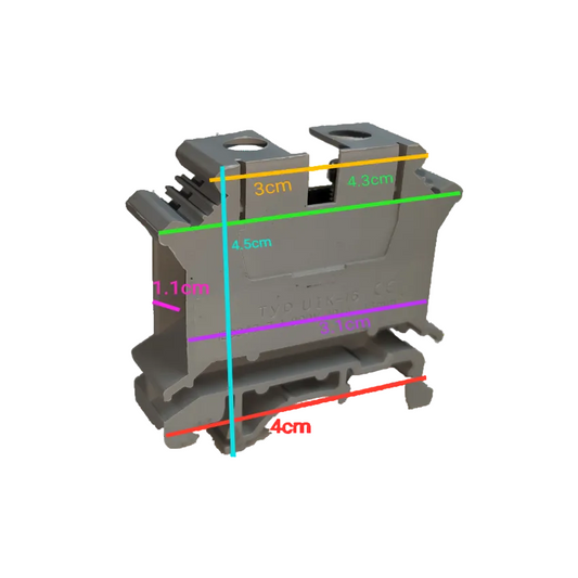 Grippes Terminal Block DIN Rail Type 16mm in gray with precise dimensions for electrical circuitry