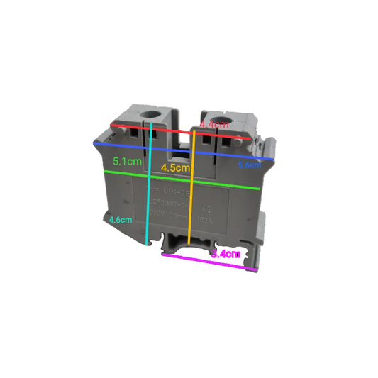 Grippes Terminal Block DIN Rail Type 35mm in gray electrical circuitry part with detailed measurements