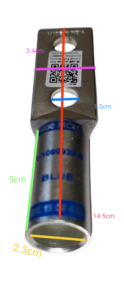 Utilux Terminal Lugs Long Barrel 2 Holes 400MCM electrical connector with blue labeling and precise measurements