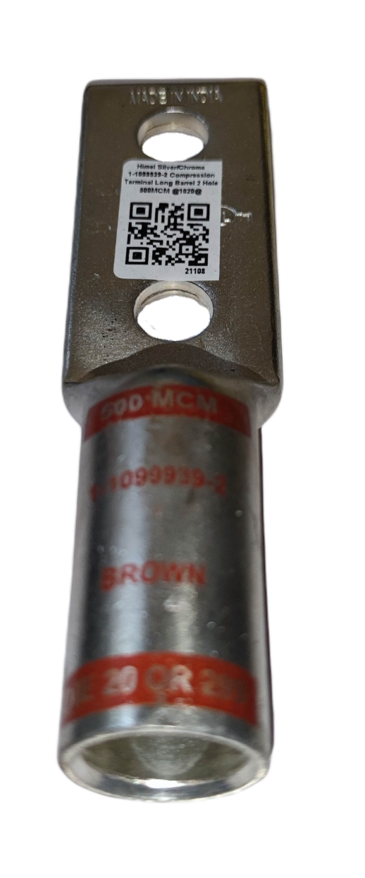 Utilux Terminal Lugs Long Barrel 2 Holes 500MCM electrical circuitry part with metal body and QR code label