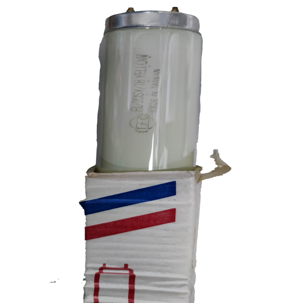 TFC 18W T-8 Fluorescent Tube Yellow in white glass with metal end caps on packaging