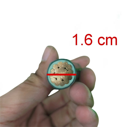 Cross-section of Phelps Dodge THHN and wires showcasing copper strands in a 1.6 cm diameter cable