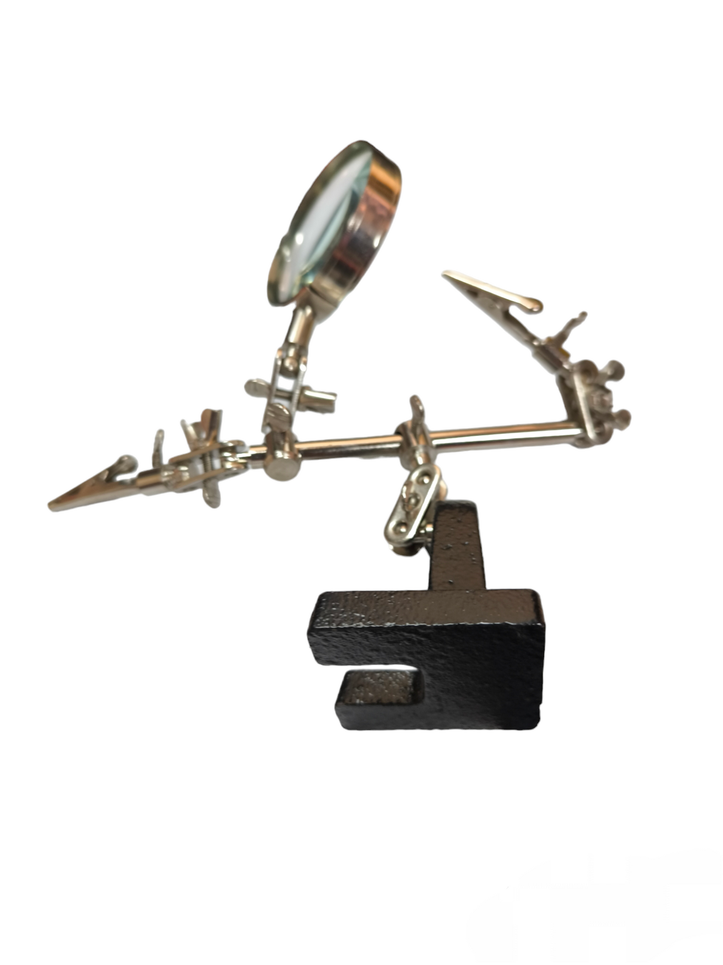 Third Hand Tool with Magnifying Glass and adjustable clamps on a sturdy metal base for precise work