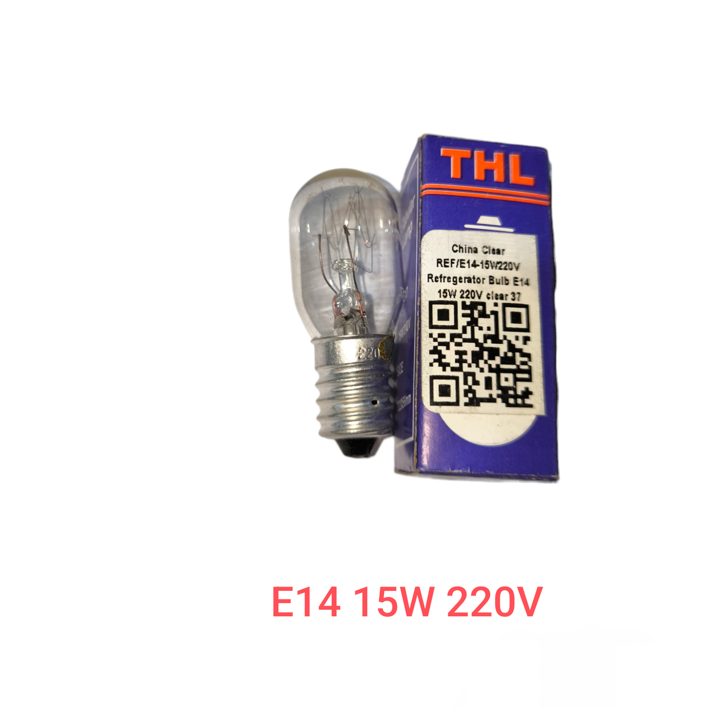 15W E14 machine bulb 220V incandescent bulb with clear glass and metal base next to blue THL box