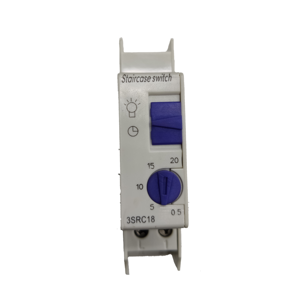 Sassin Time Delay Switch DIN Rail Type white staircase switch with blue adjustable dials