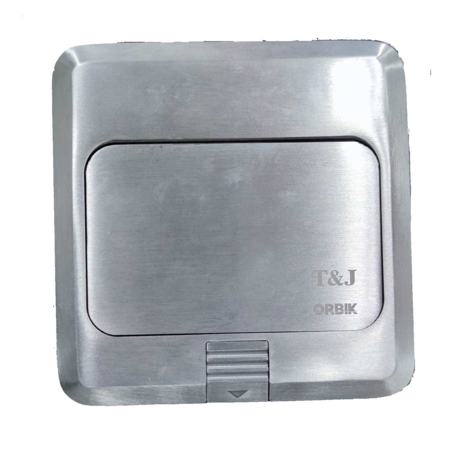T&J Ethernet Pop Up Floor Outlet with brushed metal finish and protective cover for power and data access