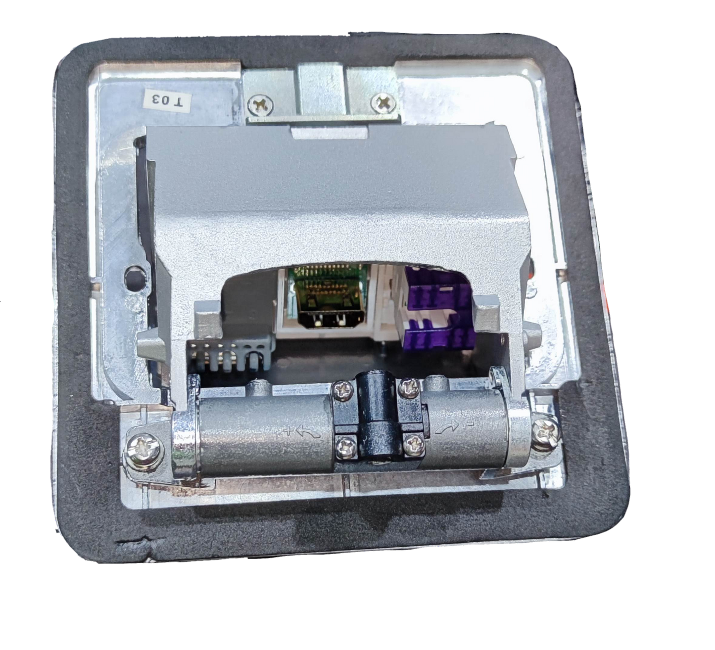 T&J Floor Outlet USB 5V 2.1A data port with metal protective cover and hinge mechanism