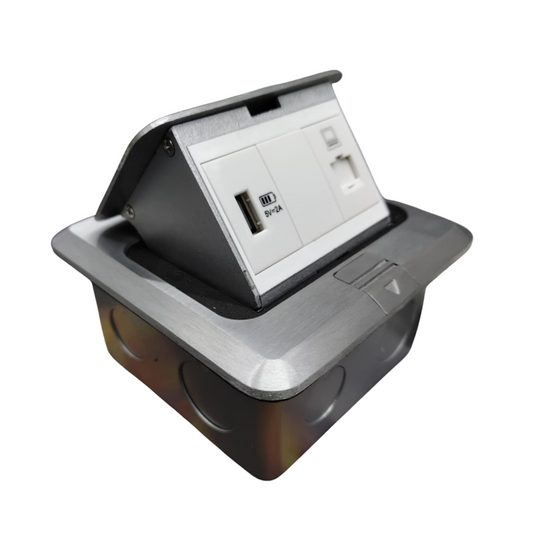 T&J Pop up Floor Outlet LAN with USB-A featuring LAN port and USB-A charging socket in metal casing