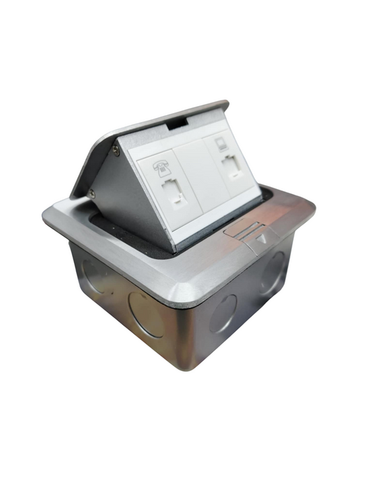 T&J Pop up Floor Outlet LAN with Voice featuring two ports in a silver metal box