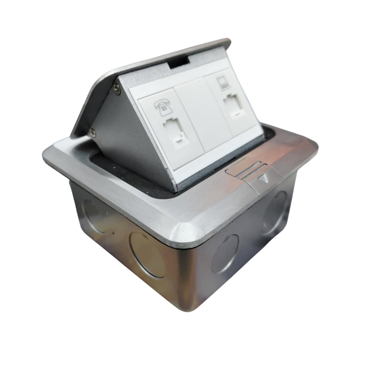 T&J Pop up Floor Outlet LAN with Voice featuring two ports in a silver metal box