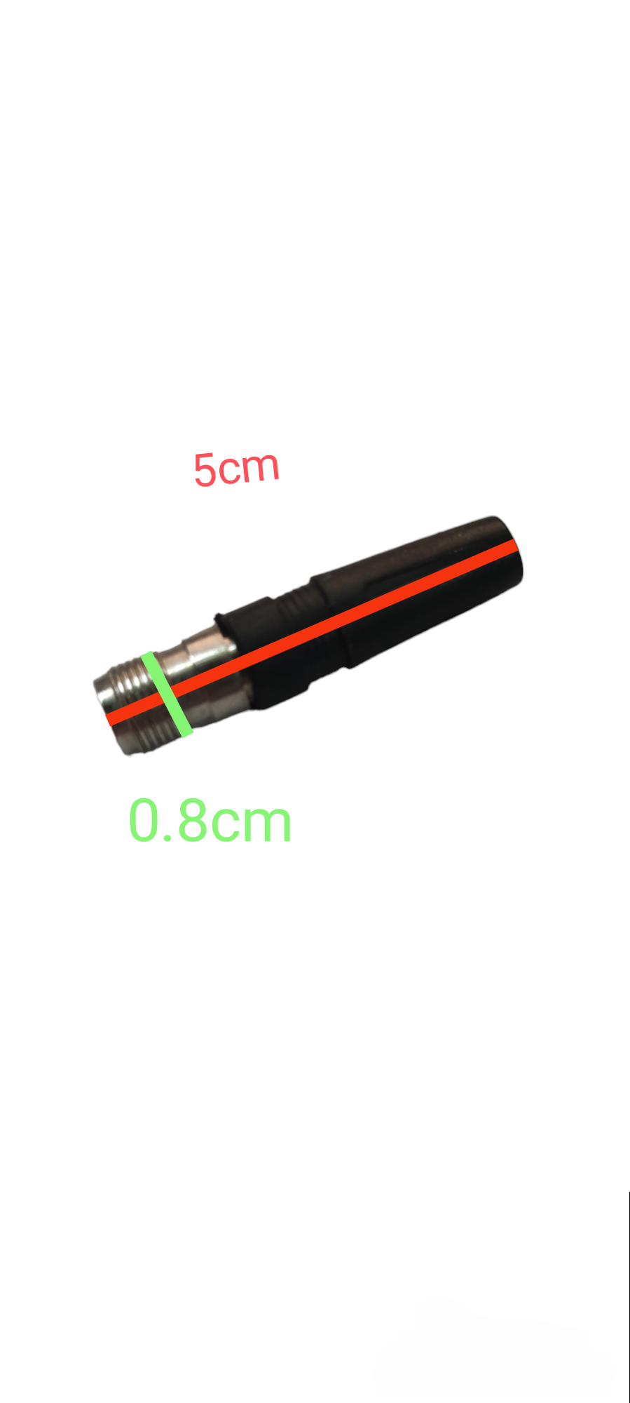TNC Plug Connector for Coaxial Cable with metal and black plastic body measuring 5cm length and 0.8cm diameter
